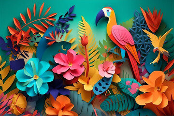 Fototapeta na wymiar Tropical design with a border frame of exotic fruits, flowers, and birds in vibrant colors on a blue background. generative ai