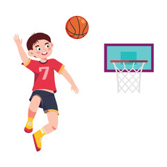 Vector illustration of a handsome basketball player boy. A cartoon scene with a smiling sports basketball player throwing the ball into the opponent's hoop isolated on a white background.
