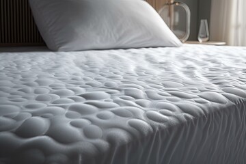 mattress corner with a mattress pad that prevents moisture throughfiltration. Terry cotton in white is used for the mockup overlay design. bedroom textiles from the home. elastic banded sheet that is