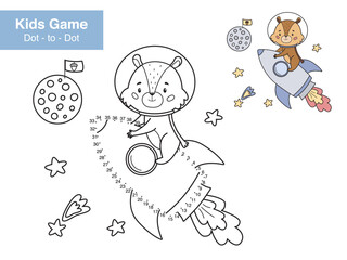 Number game. Dot to dot. Chipmunk flies on a rocket. Space theme. Educational puzzle. Printable activity page for kids. Connect the dots and color. Vector illustration.