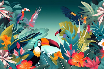 Fototapeta na wymiar Colorful island-inspired design featuring palm fronds, hibiscus flowers, and macaws, cope space. generative ai