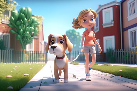 Cute Cartoon Girl Walking Her Dog (Generative AI)
