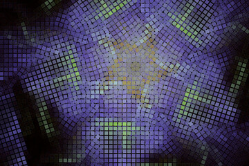 Purple floral mosaic pattern of small squares on a black background. Abstract fractal 3D rendering
