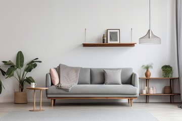 Modern gray sofa with wooden shelf next to blank white wall with copy space. Generative AI