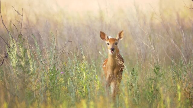 Red deer in the natural environment, wild animal. Roe deer, Capreolus capreolus. Wildlife. Beautiful wild animal with big eyes and long ears.