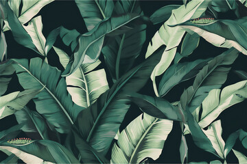 Leafy tropical pattern with jungle foliage, including palm and banana leaves. generative ai