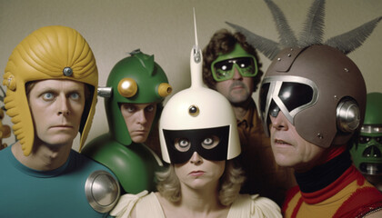Group of five actors on a movie set in costume for a science fiction retro futuristic show. Cheesy space helmet and mask, five people together.  generative AI