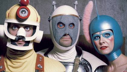 Group of three people in science fiction costumes for retro sci fi television show or movie. Cast of diverse actors with cheesy, homemade outfit including masks and helmet. Space traveler. generative 