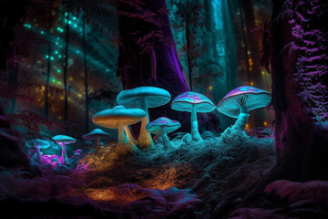 Psychedelic mushrooms used as recreational drugs in hippie culture glowing in neon colors in a mystical forest. generative AI