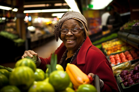 Mature African American woman shopping for fresh produce at the market. generative AI