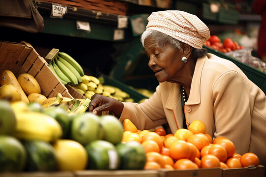 Mature African American Woman Shopping For Fresh Produce At The Market. Generative AI