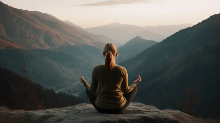 Naklejka na ściany i meble At dusk, a young woman is doing yoga in the mountains. Harmony, mindfulness, healthy living, stress reduction, yoga, and self-care - Generative AI