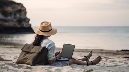 Young woman working remotely from the beach while using a laptop Concept of remote work, online education, and freelancing - Generative AI