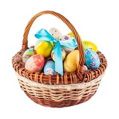 Isolated Easter basket, in the basket lies paska, sausage, ham, Easter eggs, the basket is decorated with yellow and blue decorations, white background. Created with Generative AI technology.