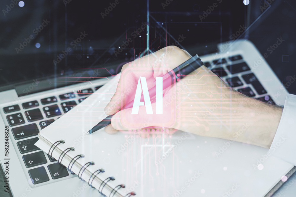 Poster creative artificial intelligence symbol concept with hand writing in diary on background with laptop