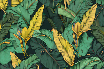 Jungle foliage print with green banana and palm leaves for a tropical vibe. lush pattern. generative ai