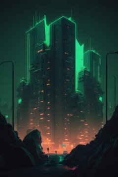 A cyberpunk cityscape in glowing neon colors. Generative AI. 