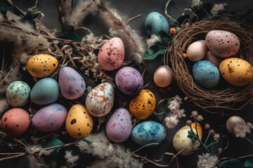 Happy Easter. Congratulatory easter background. Easter eggs, flowers, fenders and nest. Generative AI. - obrazy, fototapety, plakaty