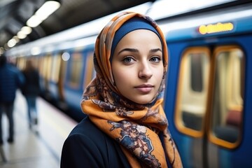 Fototapeta na wymiar Serious college female student wearing a hijab looking at the camera. at a subway station. generative AI 