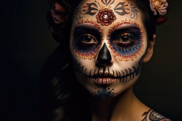 Dia de los muertos, Mexican holiday of the dead and halloween. Woman with sugar skull make up and flowers. generative AI	