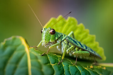 Green grasshopper sitting on tree in the garden. In-focus shot of a grasshopper perched on a green leaf. Meadow Grasshopper. generative ai


