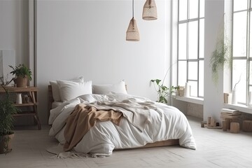 Modern minimalist style with daylight in the bedroom's decor. a double bed with pillows and a comforter, a lamp, a carpet on the floor, a sizable window with curtains, and a background of a white wall