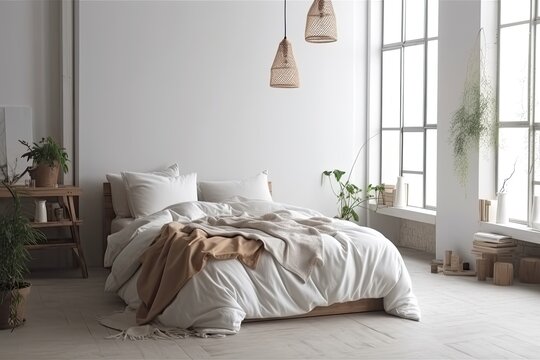 Fototapeta Modern minimalist style with daylight in the bedroom's decor. a double bed with pillows and a comforter, a lamp, a carpet on the floor, a sizable window with curtains, and a background of a white wall