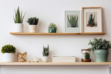 mock up of a white shelf holding a mock up frame with succulent and cactus plants. Copy space. Generative AI