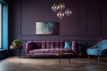sofas in the living room are two. really on trend hue for 2022. Background of vacant, gray purple walls. contemporary interior decor. Generative AI
