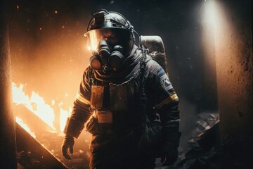  Firefighter searching for possible survives. Generative AI

