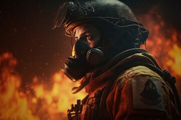 Firefighter searching for possible survives. Generative AI