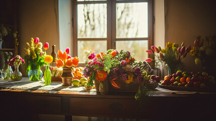 Fototapeta na wymiar A small bright and inviting kitchen interior, filled with the colors and scents of spring. Focusing on the abundance of fresh produce and bouquets of flowers.
