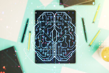 Double exposure of creative artificial Intelligence symbol and digital tablet on background, top view. Neural networks and machine learning concept