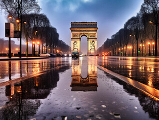 Paris on a rainy day at dawn, the Arc de triomphe reflecting in a puddle - generative AI - obrazy, fototapety, plakaty