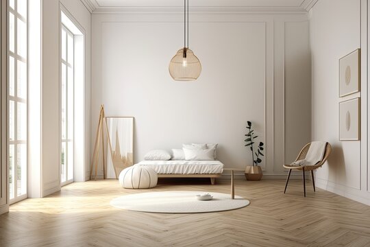 White walls, a wooden floor lamp, a white pouf, and a bright room interior were used to create the mockup. Design of an empty room. Mockup of a white, brilliant wall. Generative AI