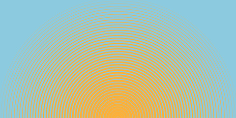 Abstract geometric background. Half of a yellow circle from lines of different thicknesses on a blue background. Summer concept