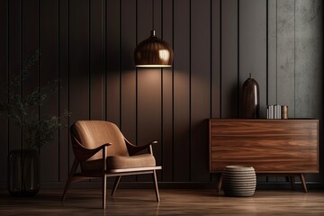 Interior of a chair and lamp in a living room, mock up of a dark brown wall in the backdrop,. Generative AI
