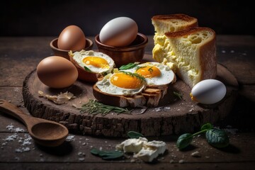 Obraz na płótnie Canvas Fried Toast bread with four different types of cooked chicken eggs. AI generated