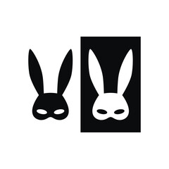 Set of black and white rabbit mask flat vector drawing illustration. Hand drawn bunny ears silhouette. Masquerade festival icon. Minimal design, print, banner, festive card, poster, brochure, logo.