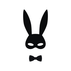 Flat rabbit mask with black bow tie vector drawing illustration. Hand drawn bunny ears silhouette. Masquerade festival icon. Minimal design, print, banner, festive card, poster, brochure, simple logo.