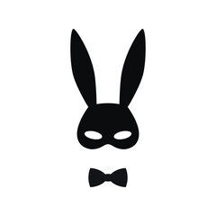 Flat rabbit mask with black bow tie vector drawing illustration. Hand drawn bunny ears silhouette. Masquerade festival icon. Minimal design, print, banner, festive card, poster, brochure, simple logo.