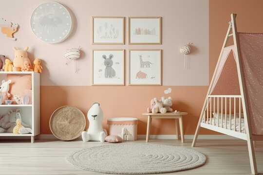 On a table in the inside of a baby nursery, a picture frame and a toy are displayed. Generative AI