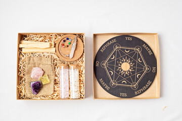 DIY gift box for wicca, witchcraft lovers. Crystals, witch accessories, pendulum board for...
