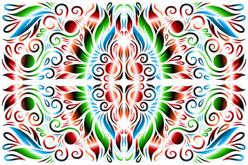 Beautiful caleidoscope symmetrical colourful gradient flowers line art of traditional background batik dayak ornament design template elements
