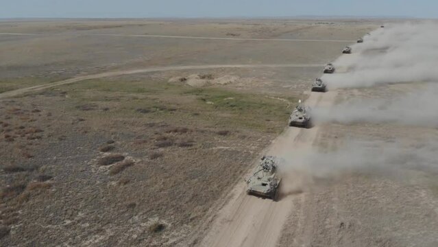 Aerial view of a convoy of Russian armored vehicles, Latakia province, Syria.
