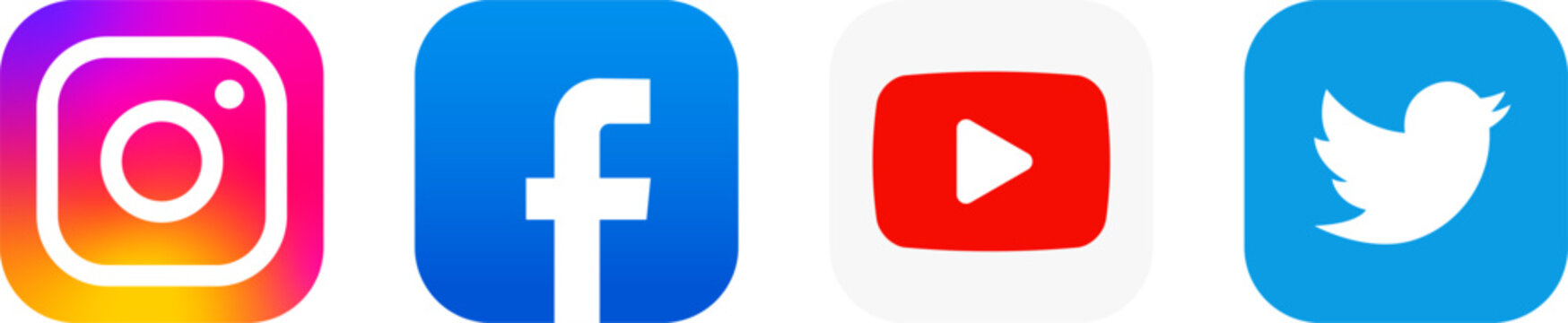 Set of instagram, facebook, twitter and youtube logos. Social media icons. Vector illustration