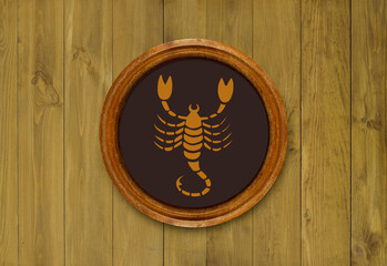 The sign of the zodiac Scorpio in a round frame on the wall of the boards