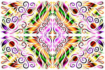 Beautiful caleidoscope symmetrical colourful gradient flowers line art of traditional background batik dayak ornament design template elements
