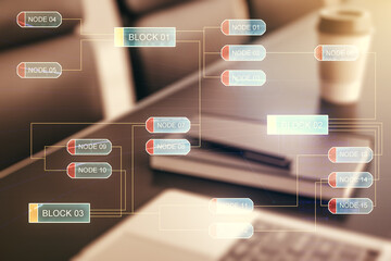 Double exposure of abstract creative programming illustration on computer background, big data and blockchain concept
