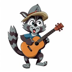  Cartoon Styled Raccoon Playing on Guitar, White Background, Generative AI